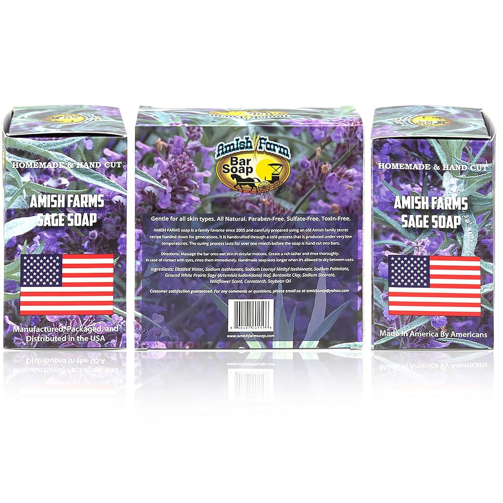 Amish Farms Sage Soap Bar, Original Recipe with Bentonite Clay, Lavender Scent – Handmade in USA, Face & Body Soap Scrub, No Parabens, No SLS, Gentle for Sensitive Skin (4 Bars)