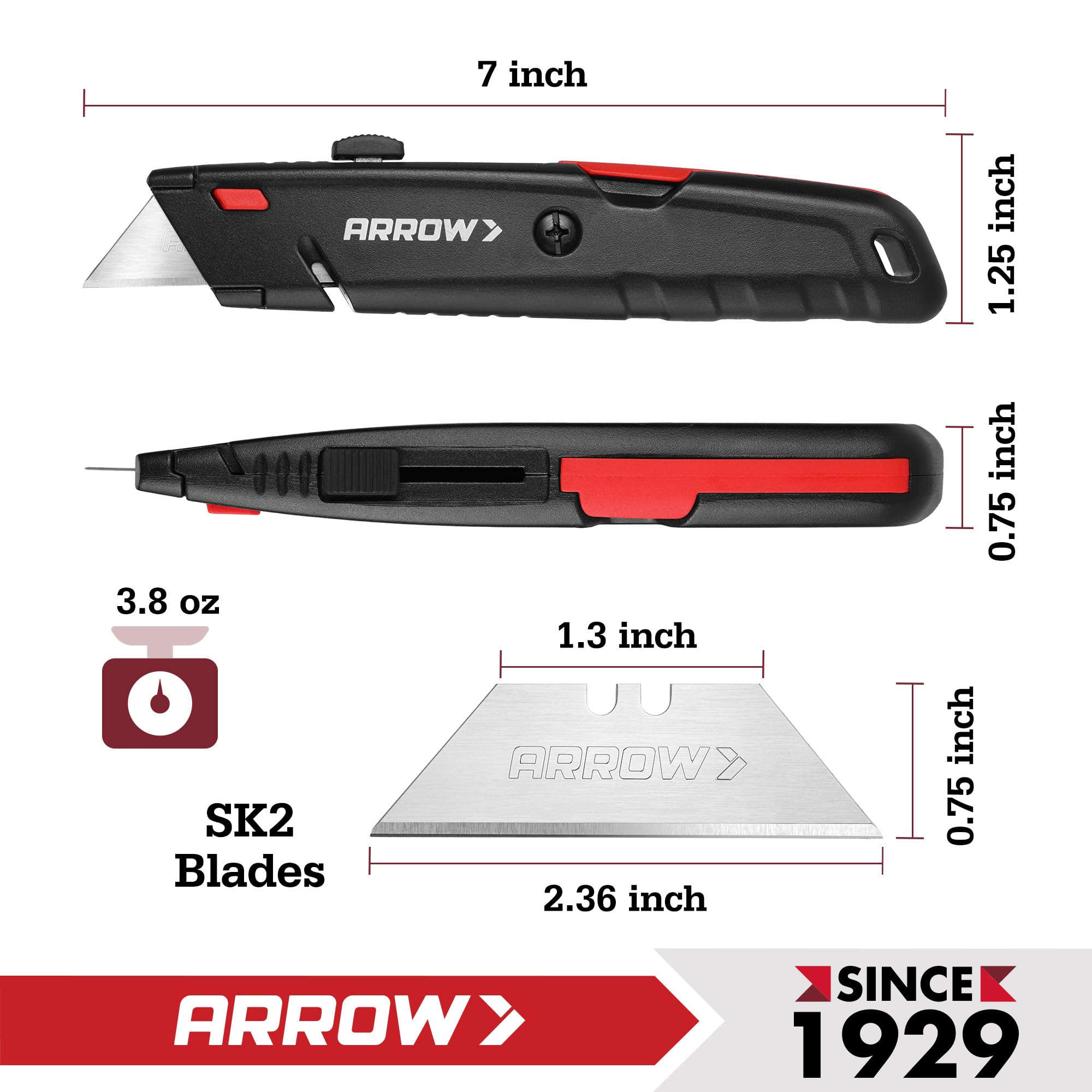 ARROW Retractable Box Cutter, Quick Change Utility Knife with 3 Blades