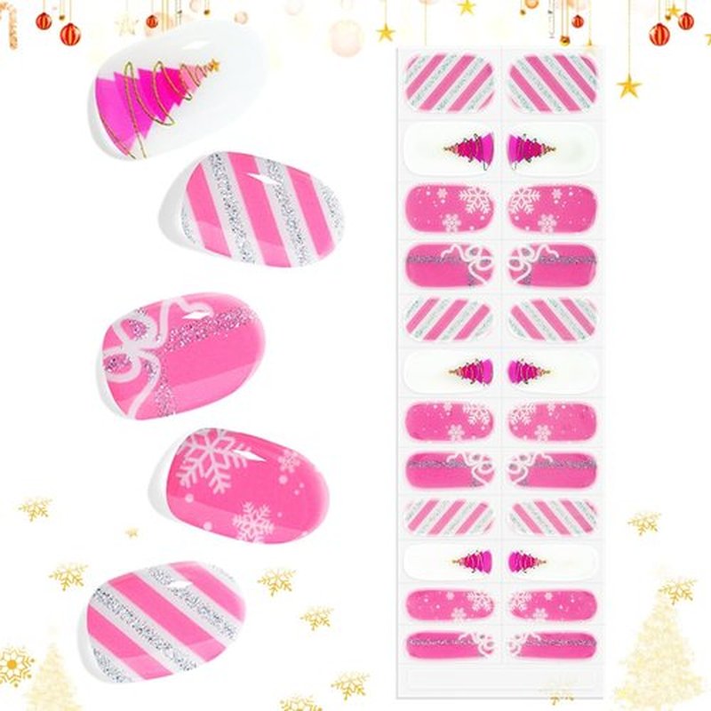 EBANKU 24PCS Christmas Semi Cured Gel Nail Strips, Tree Stickers Adhesive Pink Glitter UV Wraps Snowflake Polish Strips With File and Stick for Holiday Manicure