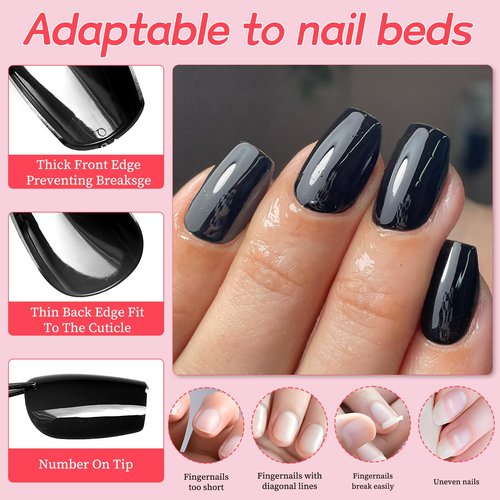 Lifextol 240pc Black Coffin Press on Nails Short Fake Nails Press ons for Women Acrylic Nail Presson Nail&Glue Tabs, Short Black Fingernails Coffin False Fingernail Tip Stick on Artificial Fingernail