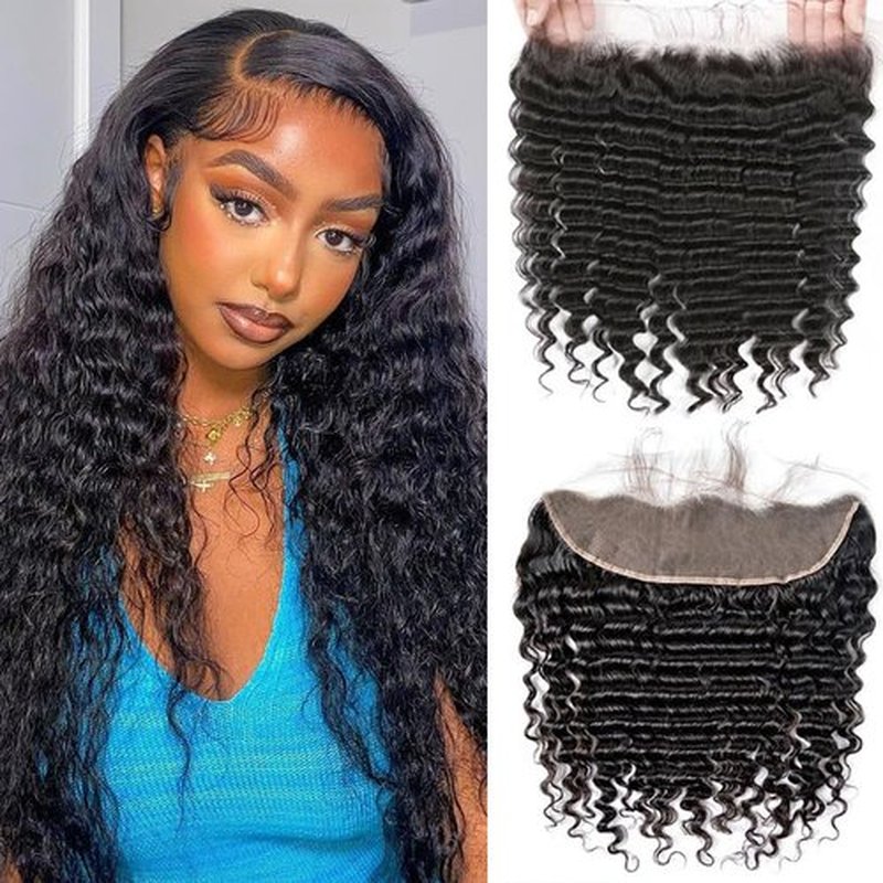 13x4 Lace Frontal Deep Wave 14 Inch 150% Density Unprocessed Brazilian Human Hair HD Lace Frontal Pre Plucked Free Part with Baby Hair for Black Women Natural Color