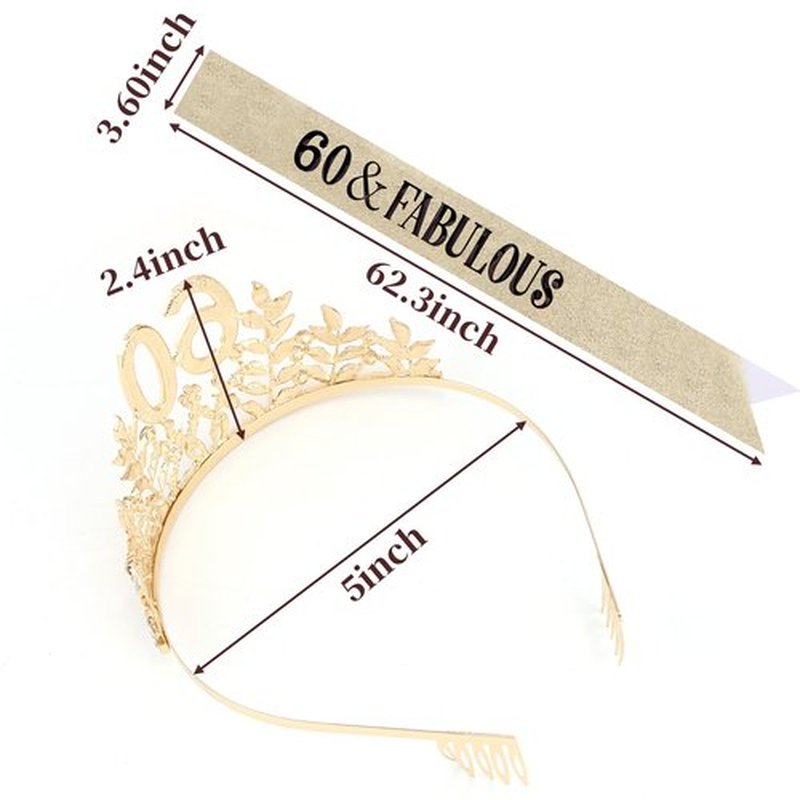 Chanaco 60th Birthday Decorations for Women, 60 & Fabulous Sash and Crown, Gold 60 Year Old Gifts, Happy Birthday Tiara for Party Decor