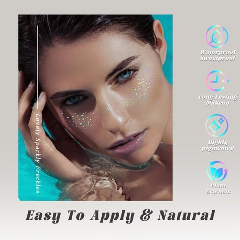 HOSAILY 24 pcs Holographic Multichrome Glitter Freckles Face Tattoo, Waterproof Sparkle Face Glitter Speckles Patches for Women, Cute Star Glitter Temporary Tattoo Makeup Accessories for Festival Rave
