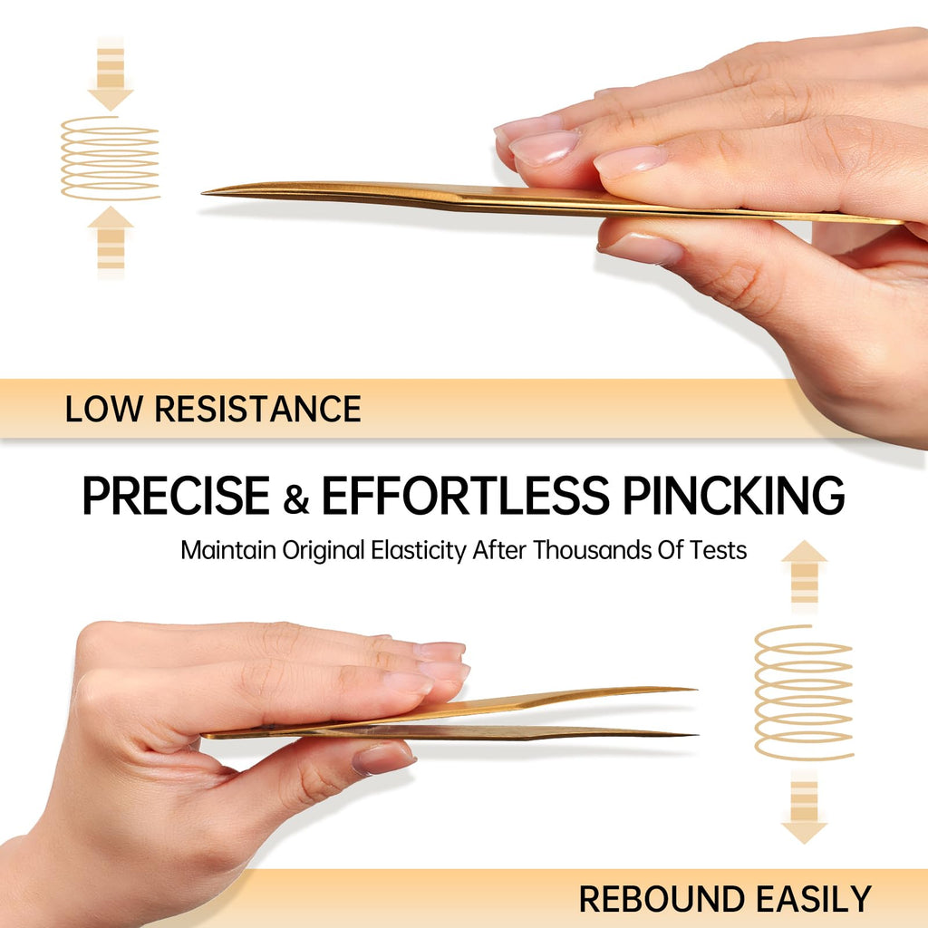 Lash Tweezers for Eyelash Extension, Hand Calibrated Dolphin-shaped and Curved Tip Eyelash Tweezers eyelash tweezers, False Lash Application Tools, Lash extension tweezers gold (Pack of 2, Gold)