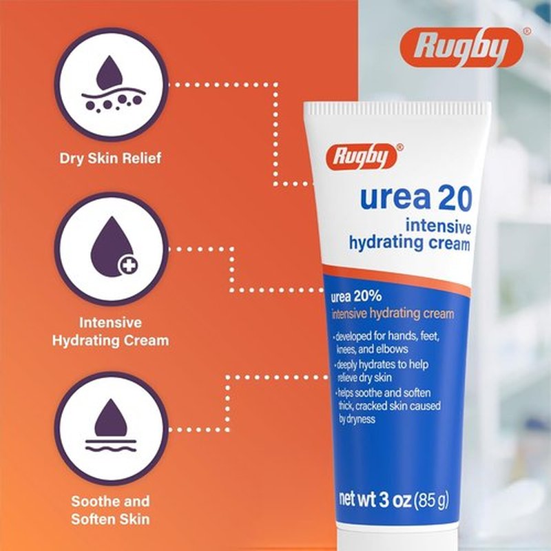 Rugby Urea 20% Intensive Hydrating Cream - Deep Moisture for Feet, Hands, Knees & Elbows - 3 Oz