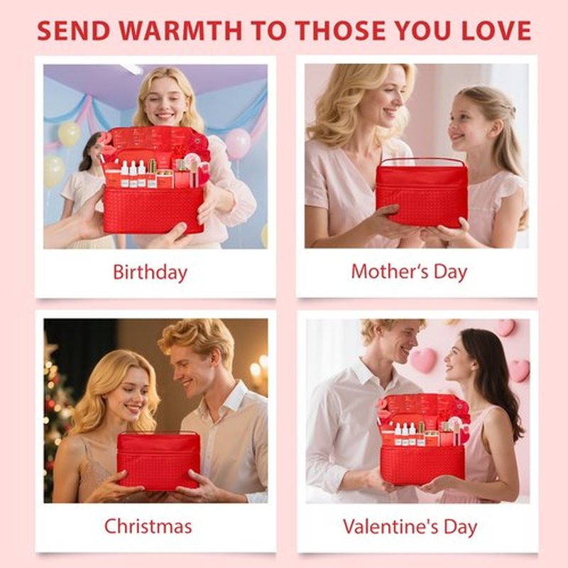 33 pcs Valentines Day Gifts for Women, Red Rose Spa Bath & Body Gift Set, Face Sheet Mask Skin Care, Hydrogel Mask, Lip Gloss, Cosmetic Bag, Serum, Necklace, Cleanser, Gua Sha, Mother Day, Birthday