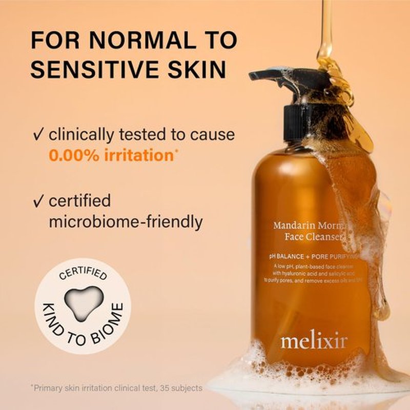 Melixir Mandarin Morning Face Cleanser, Gentle Non-Stripping Daily Cleanser for Dry Skin, Hydrating Hyaluronic Acid & BHA, Low pH Gel, Removes Excess Oil & SPF, Korean Skincare (8.4 fl.oz./250ml)