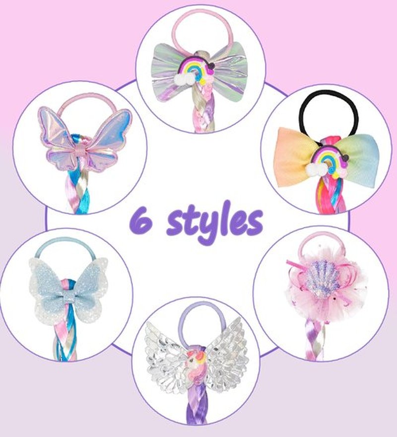 6 Pcs Rainbow Color Braids Hair Extensions - Ponytails & Bows with Rubber Bands - Glitter Braided Wig - Cosplay Hair Accessories for Girls & Women