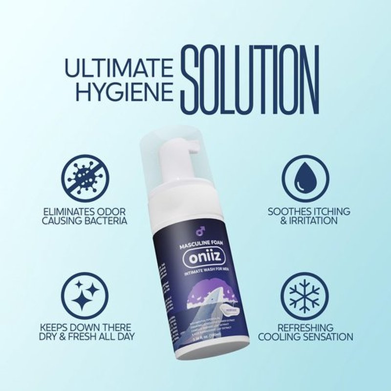 ONIIZ Masculine Foam Men’s Intimate Wash for Odor & Itch Control, pH Balanced Cleanser for Sensitive Skin with Aloe, Chamomile & Green Tea – Perfume (Light Fresh Scent) 3.38 fl oz