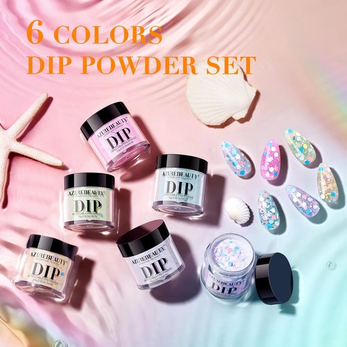 AZUREBEAUTY Dip Powder Nail Set, 6 Colors Spring Pink Purple Green Glitter Cheese Colors Natural Dipping Powder Starter Spring Kit, French Nail Art Manicure DIY Salon, No Need Nail Lamp Cured