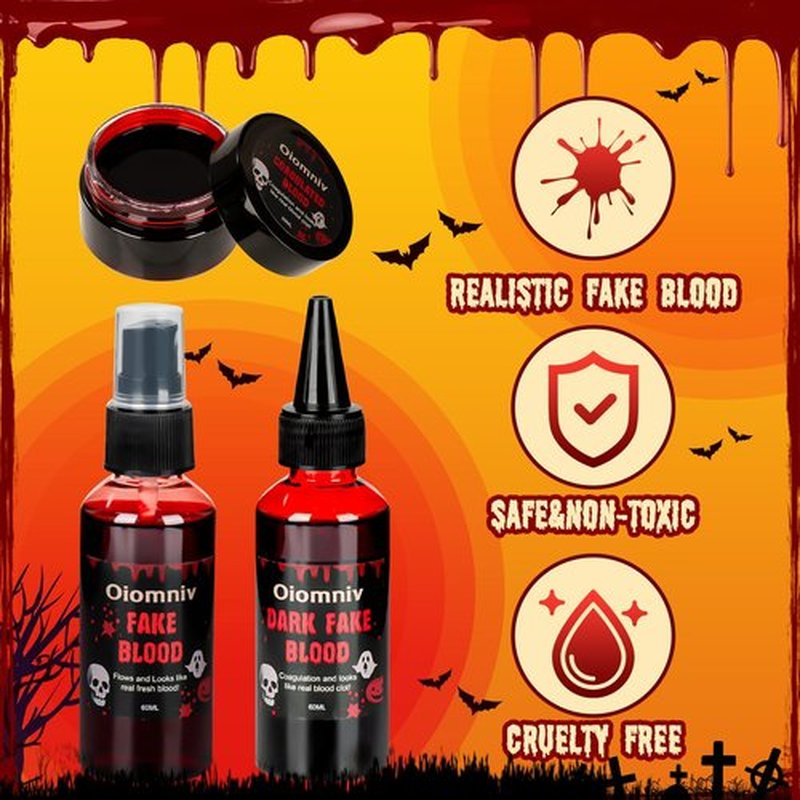 Oiomniv 5PCS Fake Blood Kit, 2.03oz Fake Blood Spray 2.03oz Dripping Blood 1.01oz Coagulated Blood Gel, Realistic Halloween SFX Makeup Washable for Zombie Vampire Cosplay Costume