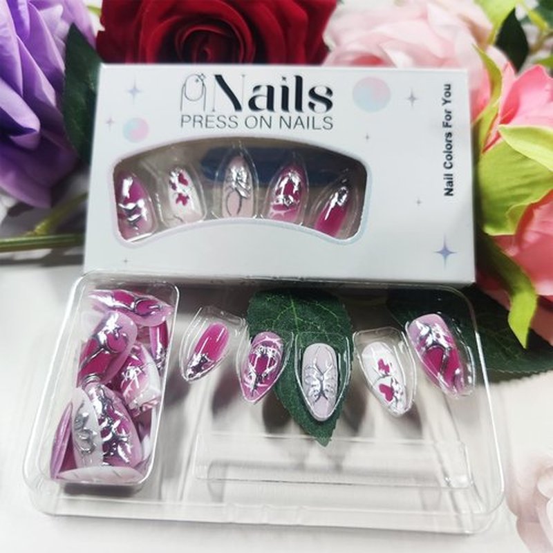30 Pcs 3D Butterfly Press on Nails Valentines Almond Medium False Nails Love Heart Acrylic Fake Nail Glossy Red Gradient Stick on Fingernails Curve Line Gel Glue on Nail for Women Valentine's Gift