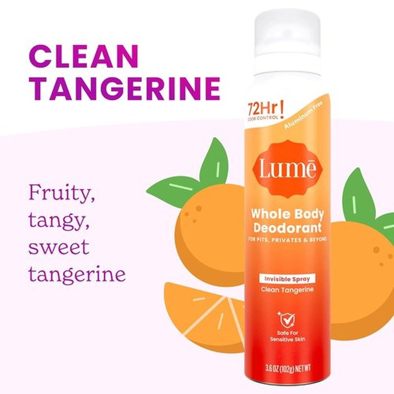 Lume Invisible Spray Deodorant For Women - 72 Hr Odor Control - Aluminum Free & Skin Loving - 3.6 oz Clean Tangerine