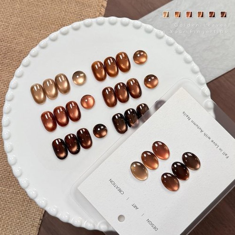 GAOY Brown Cat Eye Fall Gel Nail Polish Set with Magnet, 6 Colors Champagne Mocha Golden Brown Glitter Gel Holography, Long Lasting for Nail Art at Home & Salon Manicure