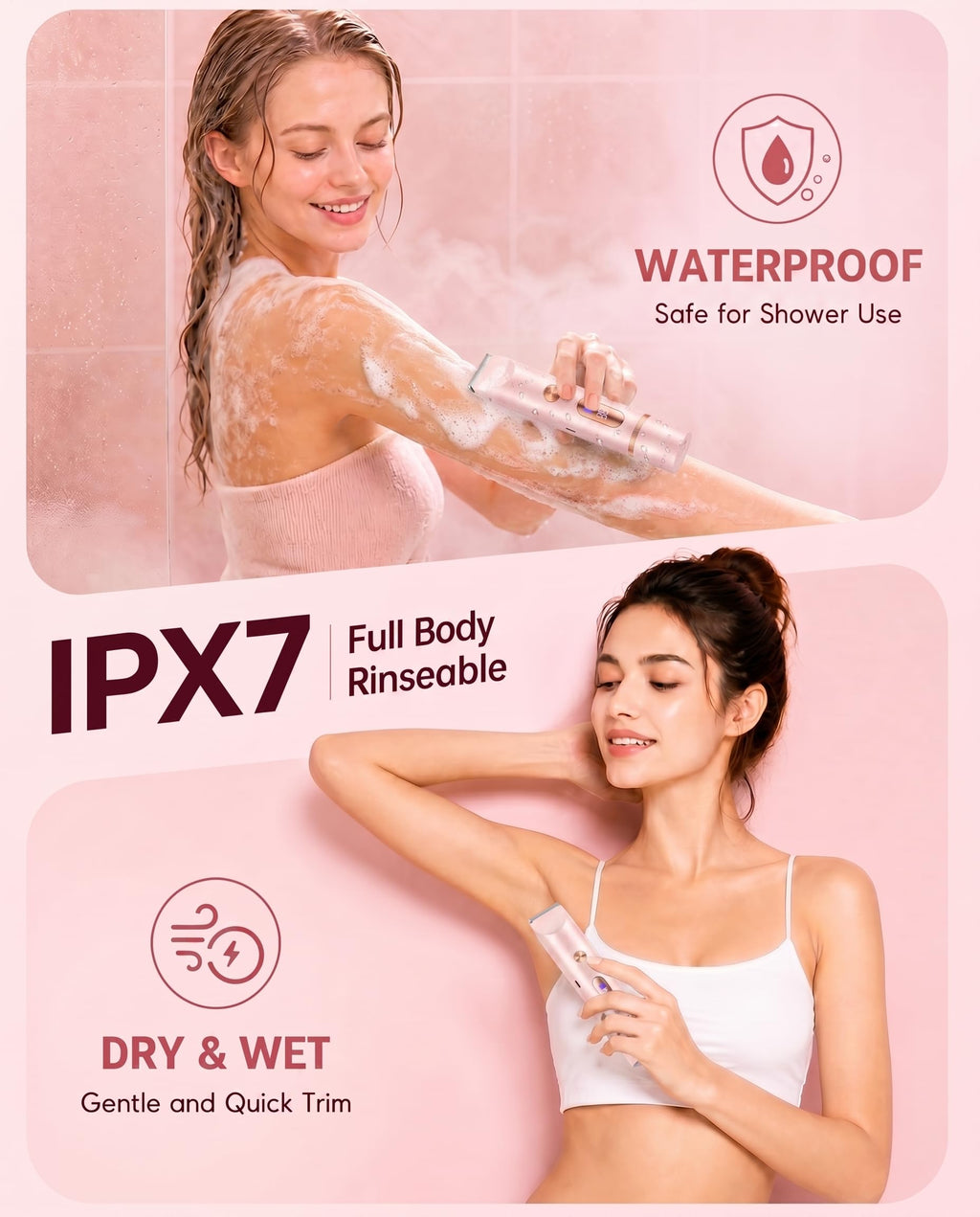 AiooTisu Painless Bikini Trimmer for Women - 2-in-1 Electric Shaver for Sensitive Skin, No Nick No Cut, Waterproof & Rechargeable, Dual Head Razor for Bikini, Face & Body