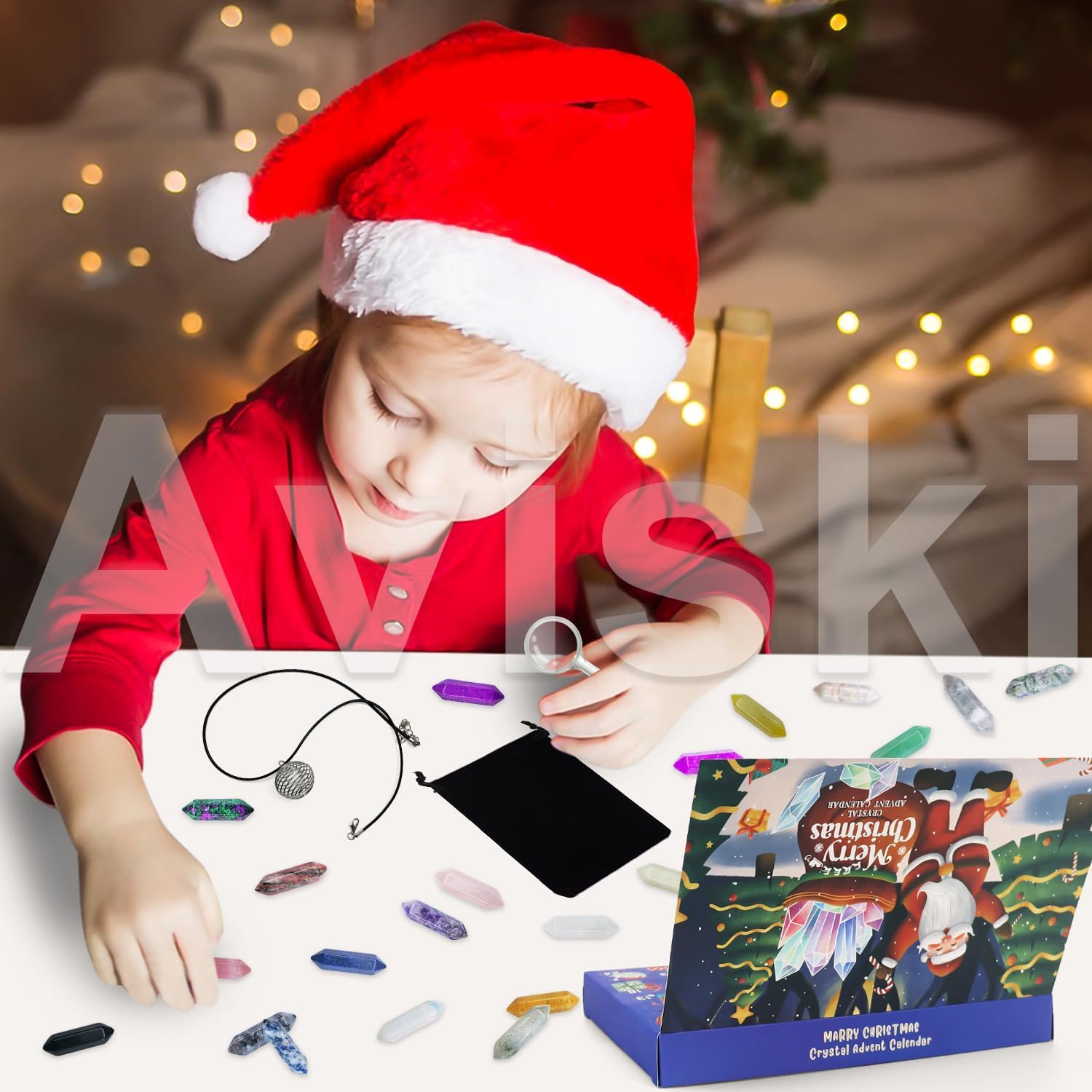Christmas Crystal Advent Calendar 2025 | Healing Stones Kit with Necklace Holder & Storage Bag