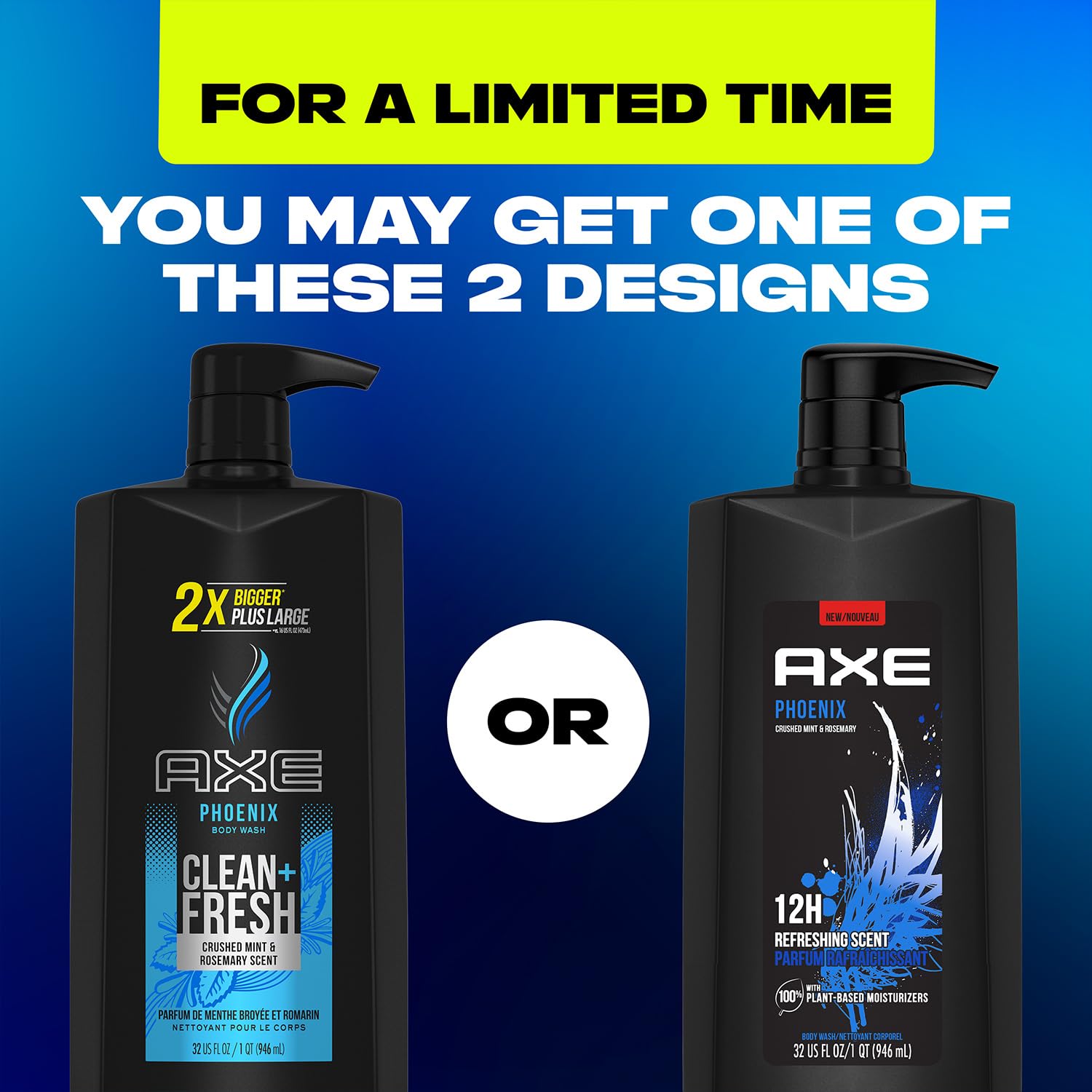 AXE Men's Body Wash & Shower Gel, Phoenix, 3-Pack, 12H Invigorating Crushed Mint & Rosemary Scent, 32 Fl Oz Each