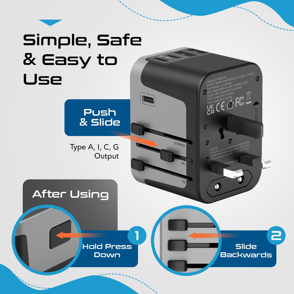 Universal Travel Power Adapter, Ceptics 6 in 1 Worldwide International Wall Charger with 2X USB-A - 3X USB-C 6A, Travel Power Adapter for for USA EU UK AUS Mobiles Laptops Cameras, UP-30KU-BL