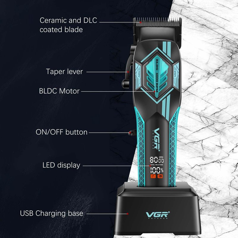 VGR 119 Professional Cordless Hair Clippers for Men, Rechargeable Barber Clippers with Base, Lithium-ion Battery Hair Cutting Machine with BLDC Motor and Ceramic Blades for Home and Barber, Green