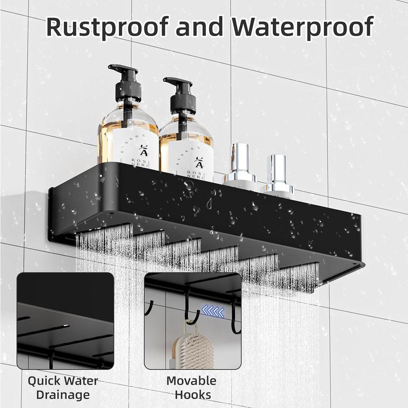 Wisfame Shower Caddy - Adhesive No Drill Rustproof Bathroom Shelf | 2 Pack Large Capacity Aluminum with 5 Hooks - Black