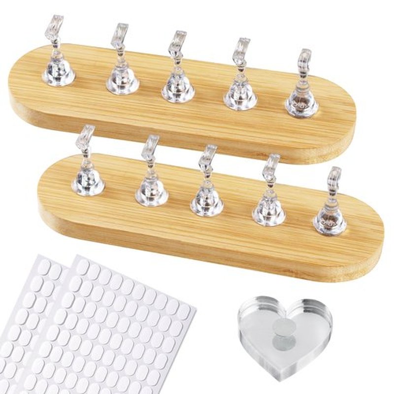 ESUOHYM Wooden Stand for Nails Art Display Practice 2 Set, 1 Heart Shaped Acrylic Magnetic Nail Stand, Fake Nail Holder with 200 Pieces Double-sided Tape, For Home DIY Salon Supplies (Wood, Large)