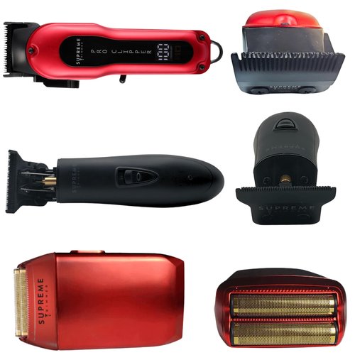 Supreme Trimmer 3-in-1 Barber Bundle | Pro Clipper, DLC T-Shaper Trimmer & Crunch Foil Shaver | Professional Beard Trimmer Men’s Hair Clipper Kit | Red