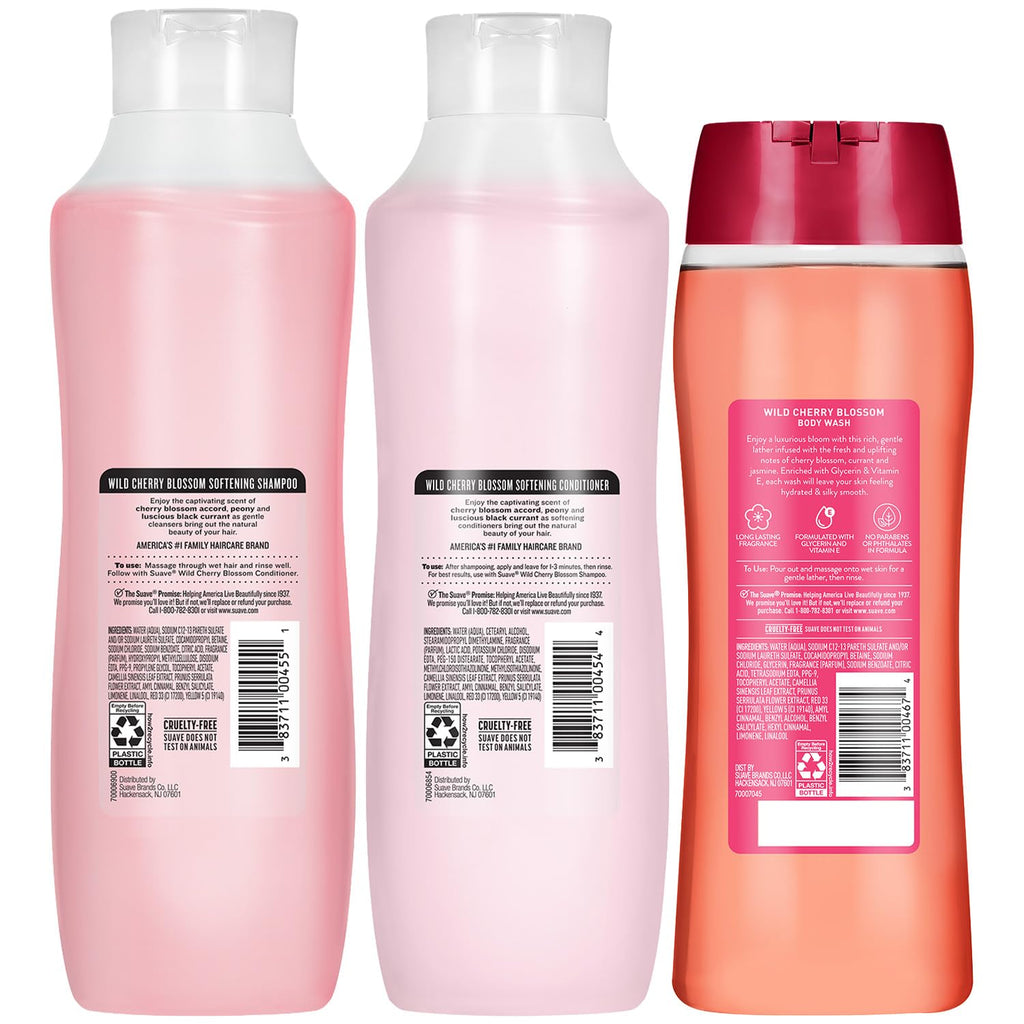 Suave Body Wash 2-Pack + Nourishing Shampoo & Conditioner, Wild Cherry Blossom – Gentle Body Care & Hair Care Set with Vitamin E, Cruelty Free (4 Piece Set)