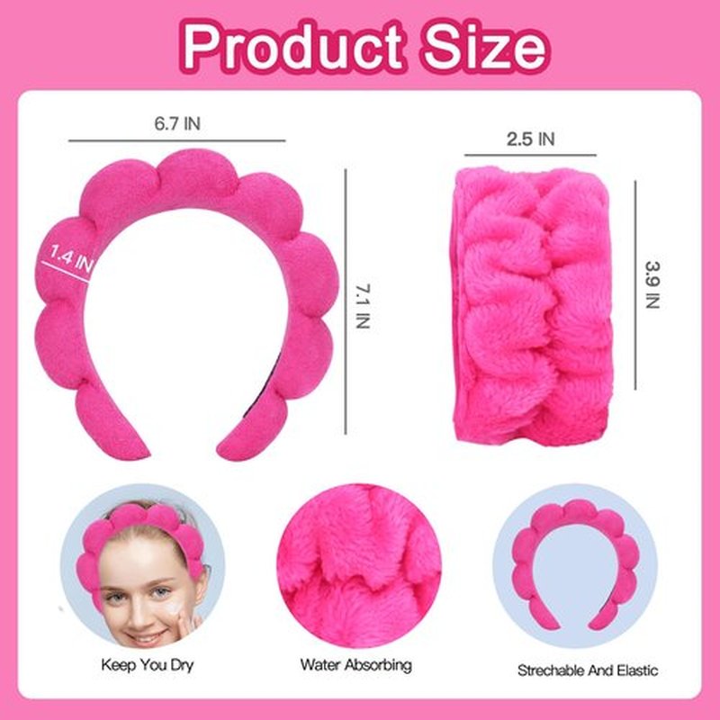 Beleki Spa Headband & Wristband Set - Sponge Terry Cloth Bubble Puffy Hairband - Non Slip Headwear - Hot Pink - 3 Pcs