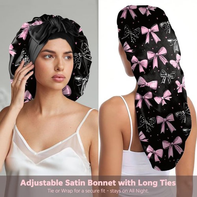 Cabreche Long Satin Hair Braid Bonnet for Sleeping Double Layer Soft Silk Lined Tie Band Wide Elastic Silky Nightcap for Women Girls Cute-Black Pink Bowknot