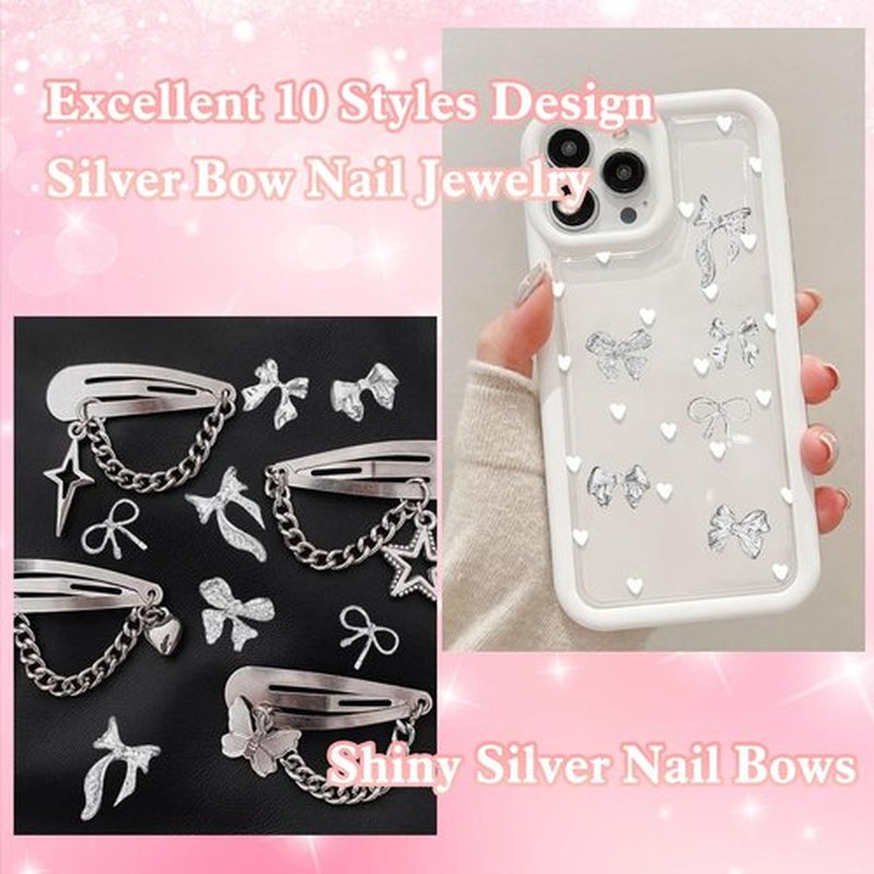 100 Pcs Silver Bow Nail Charms Y2K, 10 Styles Alloy Nail Bows Charms for Nail Art, Shiny Metal Bowknot Nail Art Charms for Nails Art Design DIY Accessories