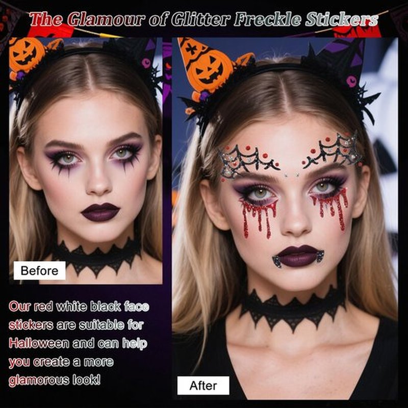 Boko 4Pcs Halloween Face Stickers, Red White Black Halloween Stickers for Face Glitter Makeup, Self Adhesive Glitter Temporary Tattoos for Day of the Dead Zombie Clown Scar Ghost Bat Vampire Cosplay