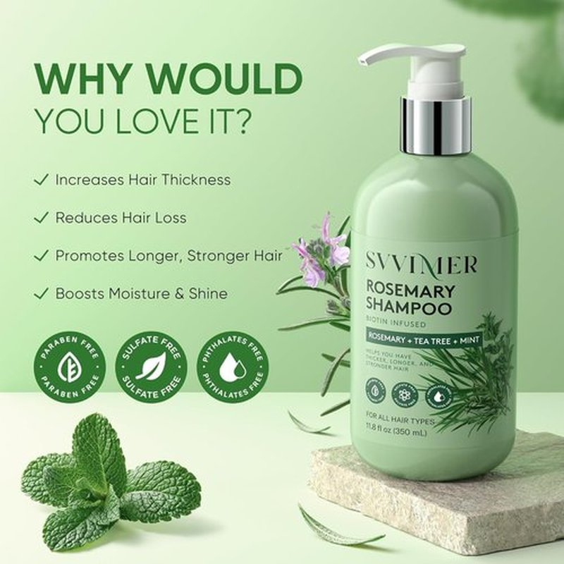Svvimer Rosemary Hair Growth Shampoo - Thickening and Regrowth Formula for Men & Women - Strengthening Shampoo with Tea Tree Oil Biotin - For Thinning Hair and Hair Loss 11.8 fl.oz