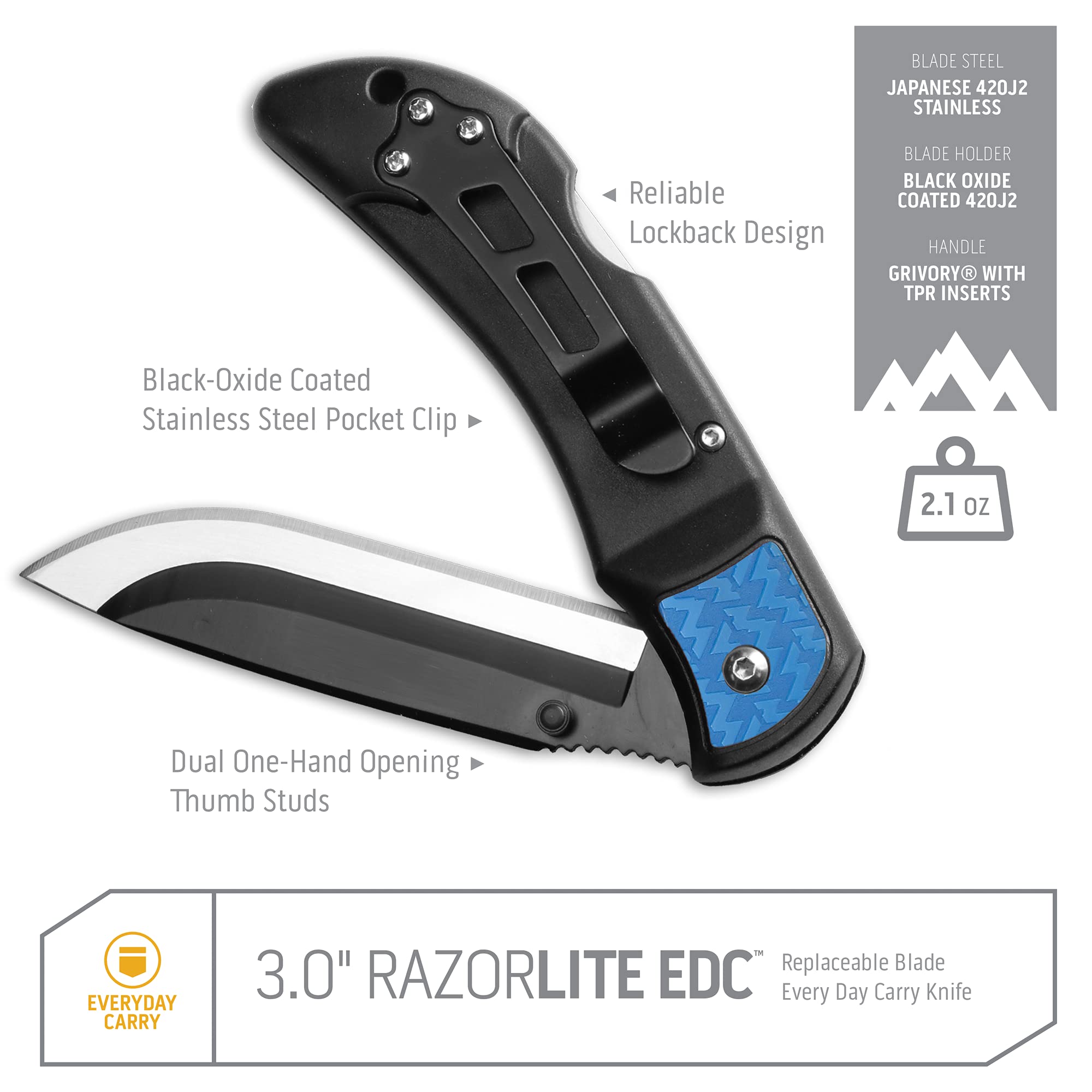 OUTDOOR EDGE 3.0" RazorLite EDC Knife. Pocket Knife with Replaceable Blades and Clip. The Perfect Hunting Knife for Skinning Deer.