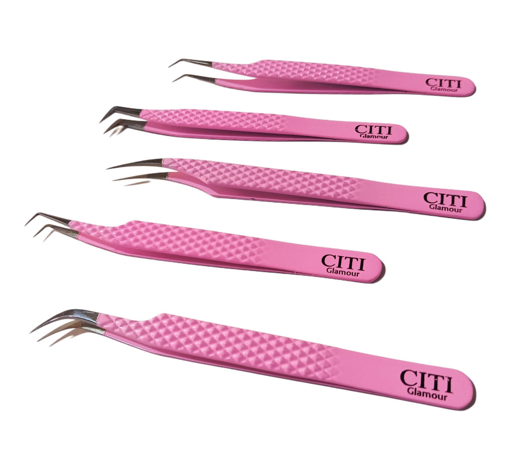 CITI GLAMOUR Lash Tweezers For Eye Lash Extension set of 5 Precise Fiber Tip with Diamond Grip Complete set for Volume Lashes Pink