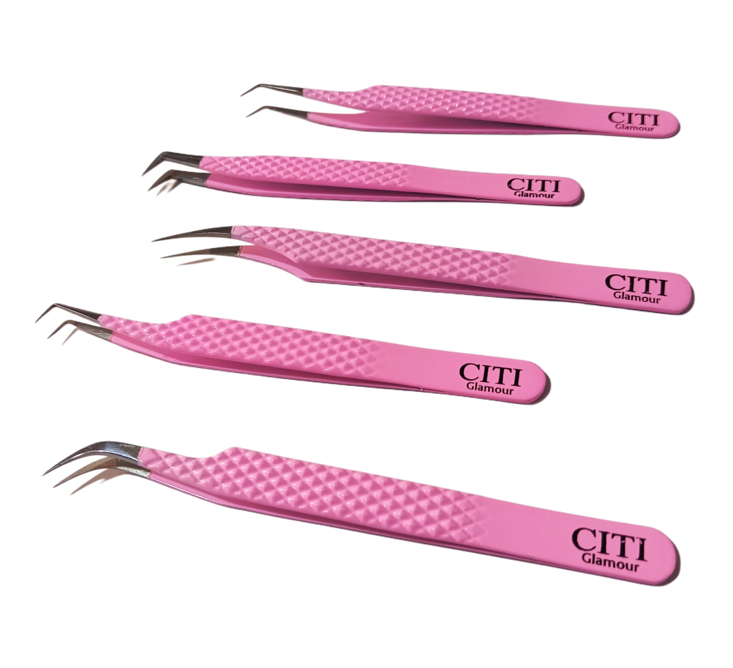 CITI GLAMOUR Lash Tweezers For Eye Lash Extension set of 5 Precise Fiber Tip with Diamond Grip Complete set for Volume Lashes Pink