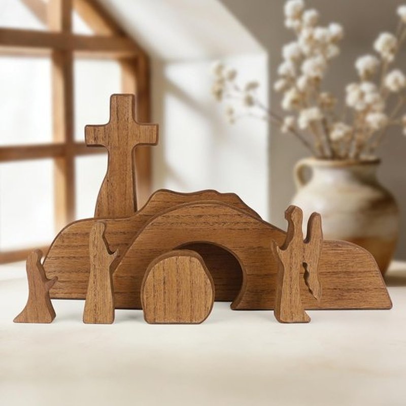 GoClimber Wooden Easter Scene Set - Empty Tomb & Cross Decoration for Religious Home Decor | Christian Gifts