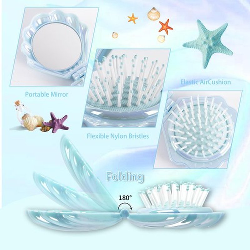 Maji Mama Metallic Shinning Finish Foldable Travel Hair Brushes with Mirror Shell Shape Portable Folding Pocket Hairbrush Mini Hair Comb Purse Compact Size Hair Massager (Blue)