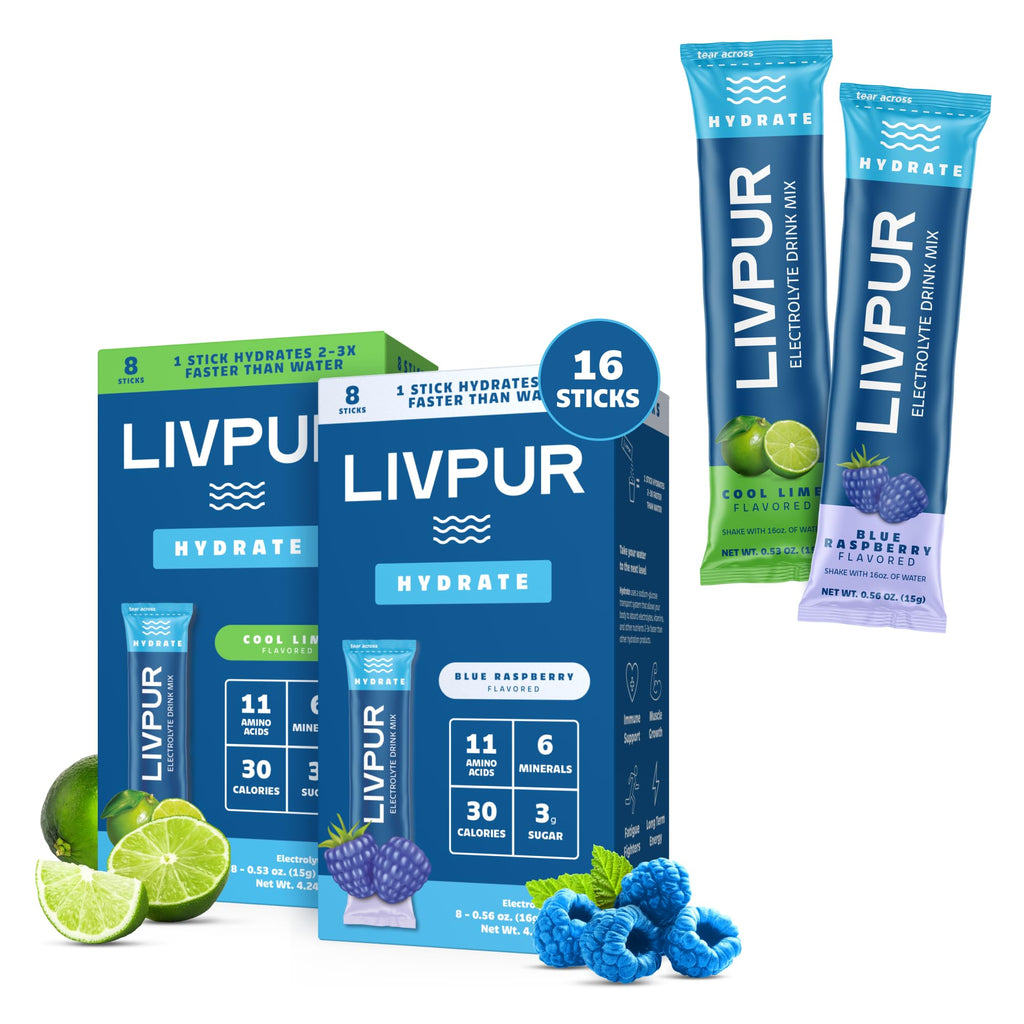 LIVPUR Electrolyte Hydration Powder, Cool Lime & Blue Raspberry, 16 Sticks