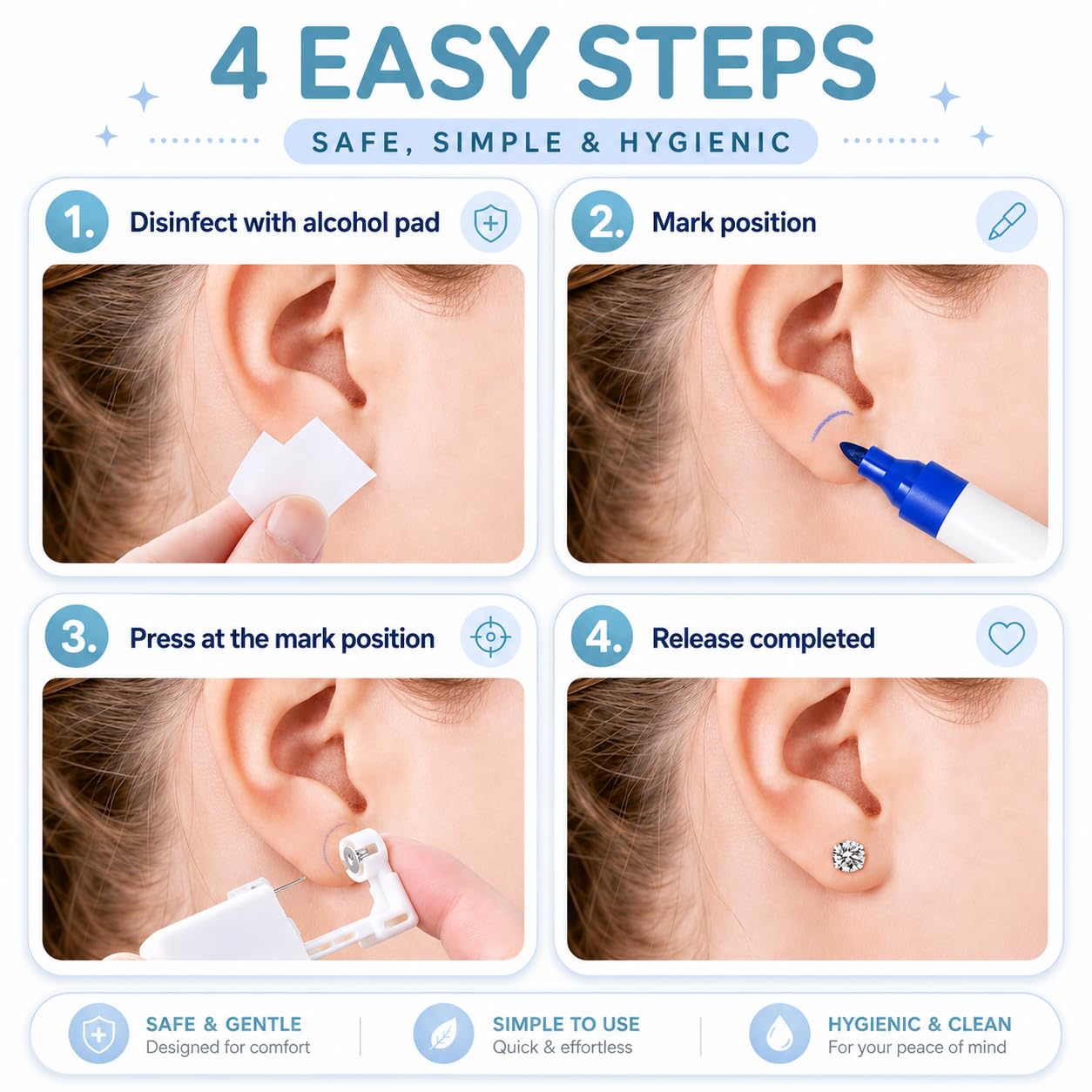 Anzero Ear Piercing Kit Disposable Ear Piercing Gun Kit with Sterile CZ Studs, Painless Piercing Gun for Home Self-Use, Easy & Safe Piercing for Women, Men & Girls - 5MM