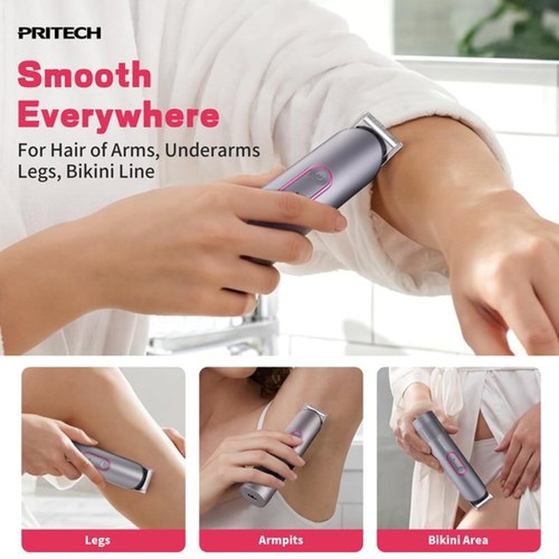 PRITECH Pubic Hair Trimmer Women - Rechargeable Bikini Trimmer for Women Sensitive Skin, Wet&Dry Use, Pain-Free Electric Razor&Shaver with Standing Recharge Dock, Ideal Gift, Slate Grey