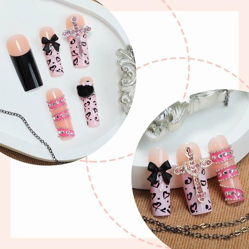 MISUD Press on Nails - Long Square Glue on Nails with Pink Black Cheetah, Acrylic Y2K Cross Design 24 pcs