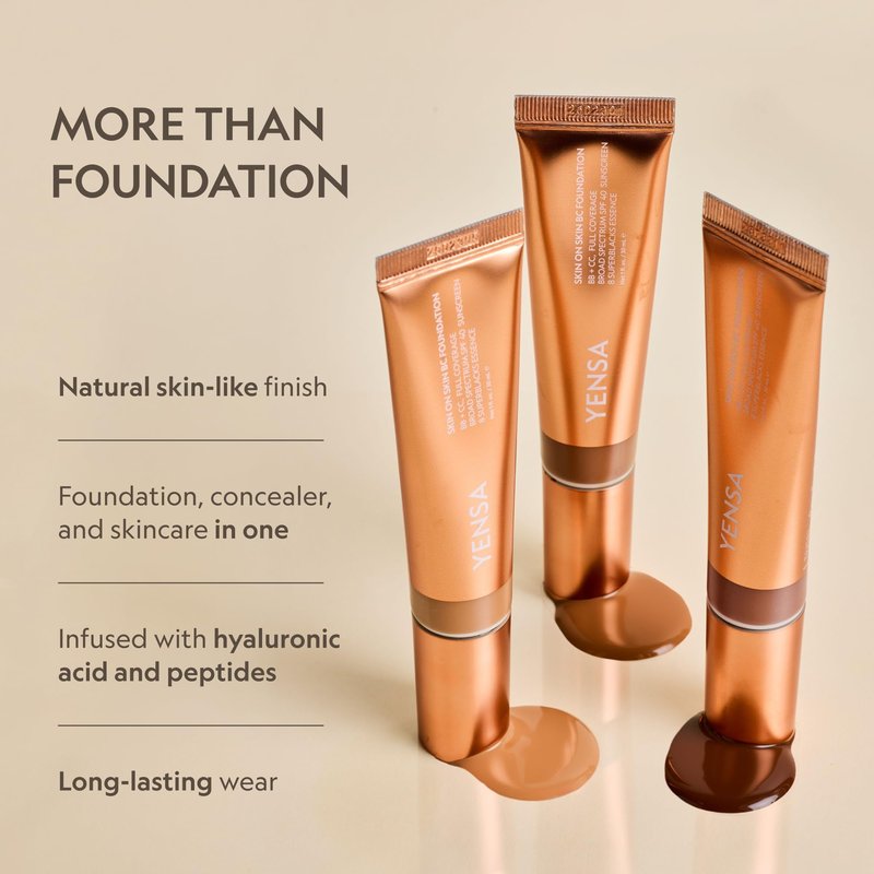 YENSA Skin on Skin BC Foundation Makeup - CC Cream, BB Cream & Full Coverage Foundation-In-One - Buildable, Radiant Finish with SPF 40, Hyaluronic Acid, Peptides & 8 SuperBlacks - Medium Warm (1 oz)