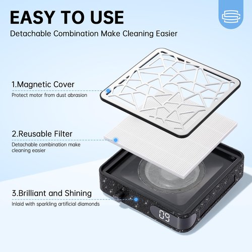 CHRISTINE SHELLY Nail Dust Collector, Cordless Dust Collector Nail Tech, Powerful Vacuum Fan Vent Dust Collector Extractor Dust Suction Machine for Acrylic Nails Polishing, Nail Salon, Black Diamond