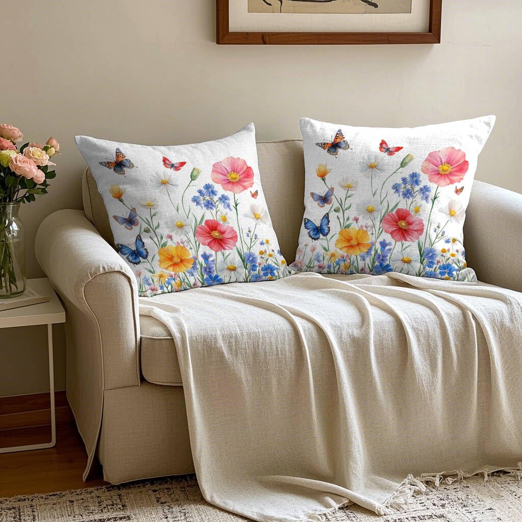 UZFNY 4th of July Patriotic Pillow Covers Set of 2 18x18 Inch American Blue Red Flowers & Butterflies Throw Pillow Cover Independence Day Memorial Day Outdoor Farmhouse Pillow Cases for Home Couch