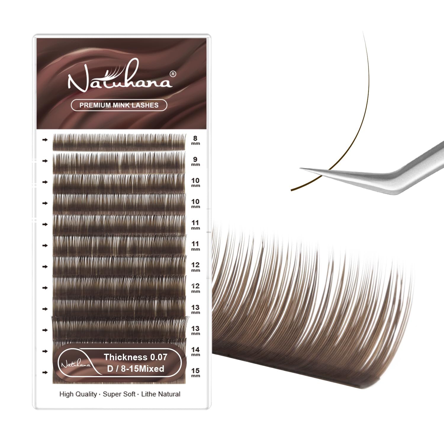 NATUHANA Classic Volume Lash Extensions 0.07 D Curl 8-14mm Mix Tray Brown