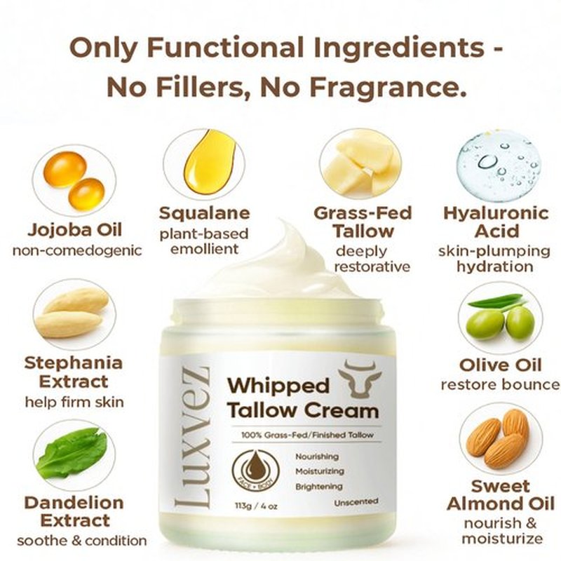 Luxvez Beef Tallow Cream for Skin: Grass-Fed Whipped Tallow Balm with Squalane Jojoba Oil - All Natural Skincare Whipped Moisturizer for Face & Body - for Mature, Dry or Sensitive Skin – 4oz