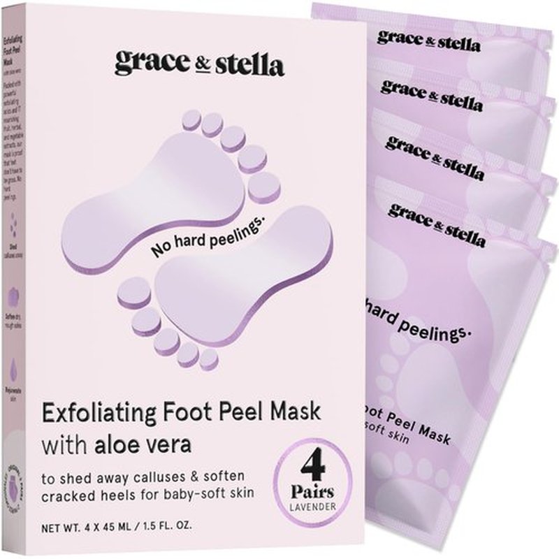grace & stella Award-Winning Foot Peel Mask - Foot Peeling Mask with Aloe Vera - Moisturizing Foot Mask for Dry Cracked Feet - Foot Exfoliator for Baby Soft Feet (4 Pairs, Lavender)