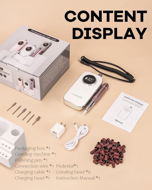 PUSHUJIA 45000 RPM Nail Drill - Brushless Cordless Efile LCD Display & Heat Reduction Tech for Acrylic Gel Nails (White)