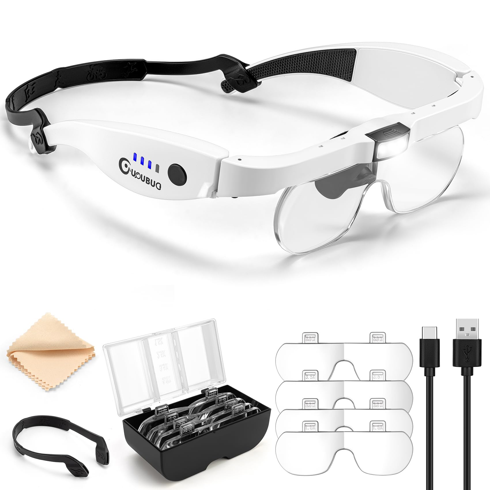 GUOUBUO Magnifying Glass with Light, 1.5X-5.0X Magnifying Glasses, Rechargeable Magnifier Headset with Light, Head Magnifier with 4 Detachable Lenses, Magnify Glasses for Close Work Crafts