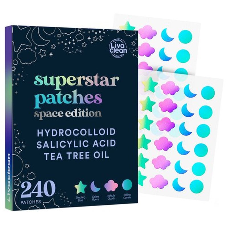 LivaClean 240 CT Holographic Cute Acne Patches - Space Edition w/Salicylic Acid & Tea Tree Oil for Face - Hydrocolloid Star Pimple Patches